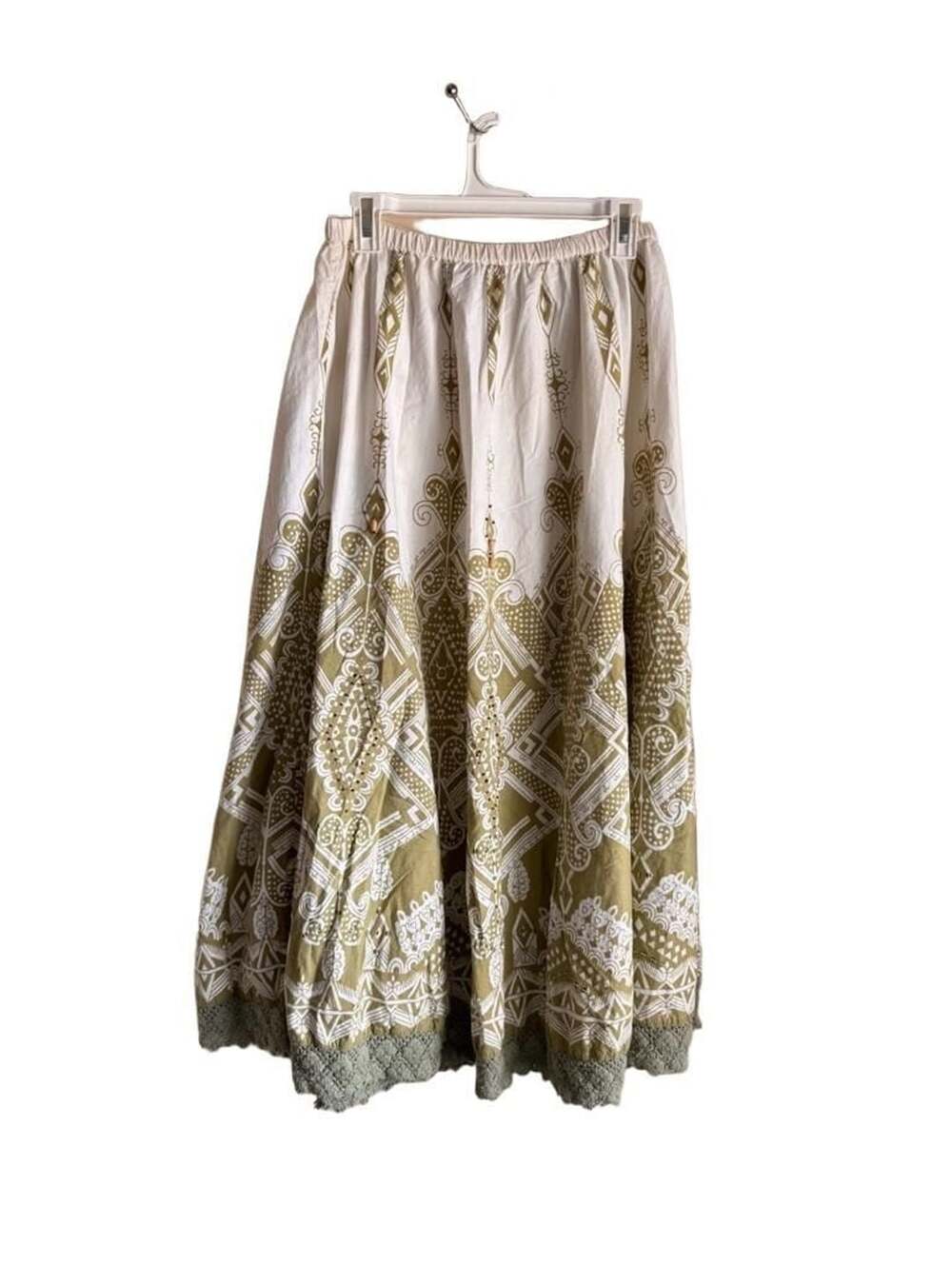 Vintage White and Olive Green Paisley Print Cotton Maxi Skirt Size S